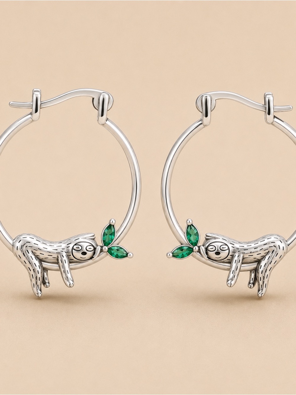 Silver Sloth Hoop Earrings with Green Leaf Accents